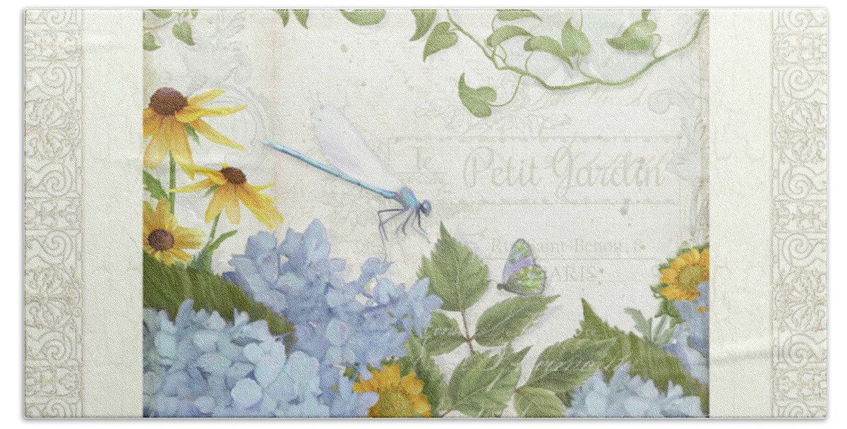 Le Petit Jardin Hand Towel featuring the painting Le Petit Jardin 2 - Garden Floral W Dragonfly, Butterfly, Daisies And Blue Hydrangeas w Border by Audrey Jeanne Roberts