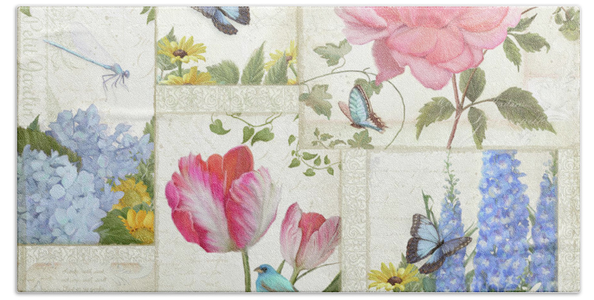 Collage Bath Towel featuring the painting Le Petit Jardin - Collage Garden Floral w Butterflies, Dragonflies and Birds by Audrey Jeanne Roberts