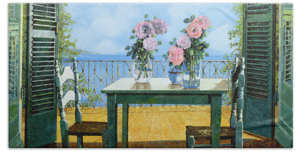 Terrace Bath Sheet featuring the painting Le Rose Sul Tavolo Al Balcone by Guido Borelli
