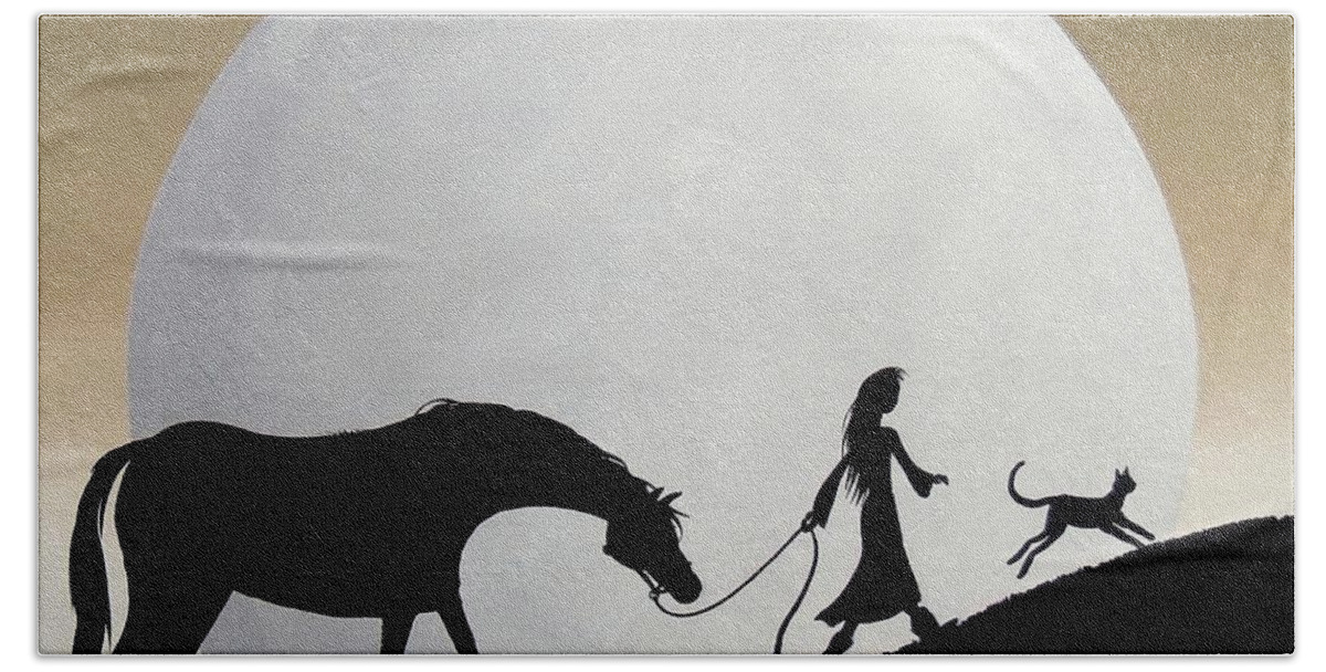 Folk Art Bath Towel featuring the painting Lead the way - horse cat moon girl silhouette by Debbie Criswell