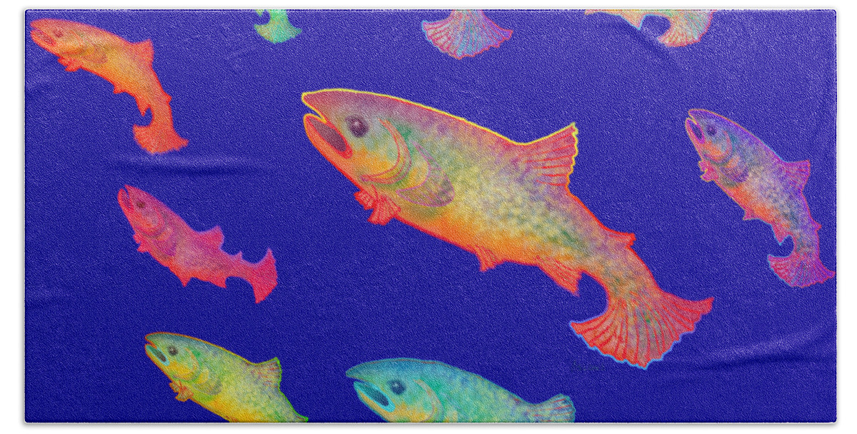 Leaping Salmon Design Bath Towel featuring the painting Leaping Salmon design by Teresa Ascone