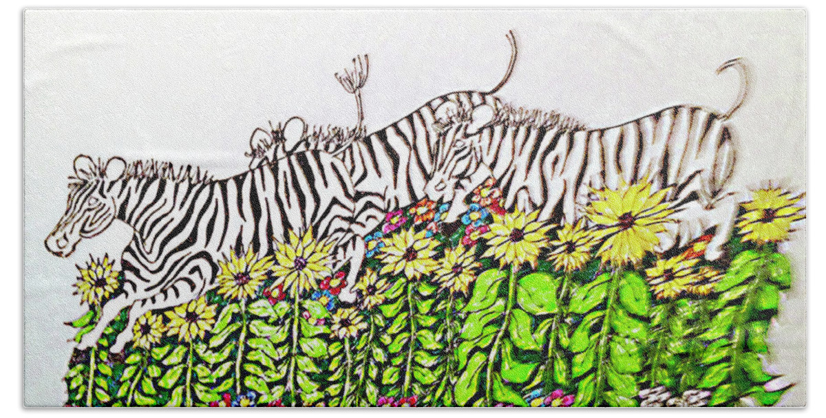 Drawing Bath Towel featuring the drawing Leaping Zebras by Gerry Delongchamp
