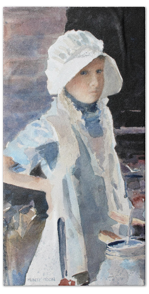A Young Girl In A White Bonnet Watches A Blacksmith At Work At Canada's Largest Living History Museum In Calgary. Hand Towel featuring the painting Learning The Past by Monte Toon