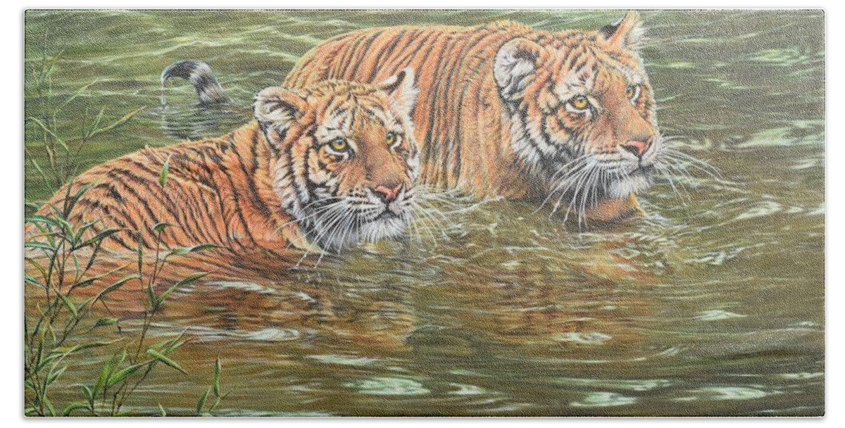 Wildlife Paintings Bath Towel featuring the painting Leave This To Me Sis by Alan M Hunt