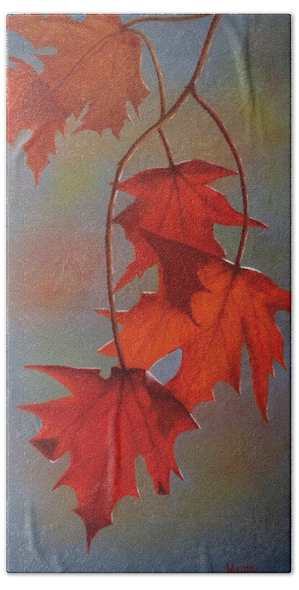 Red Bath Towel featuring the painting Leaves of Fire by Marlene Little