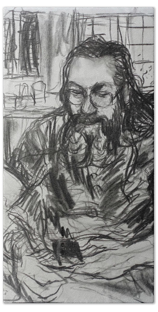 Charcoal Hand Towel featuring the drawing Lee on his mobile by Peregrine Roskilly