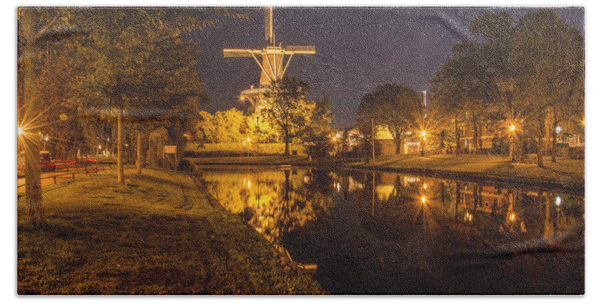 Windmill Hand Towel featuring the photograph Leiden Windmill By Night by Frans Blok