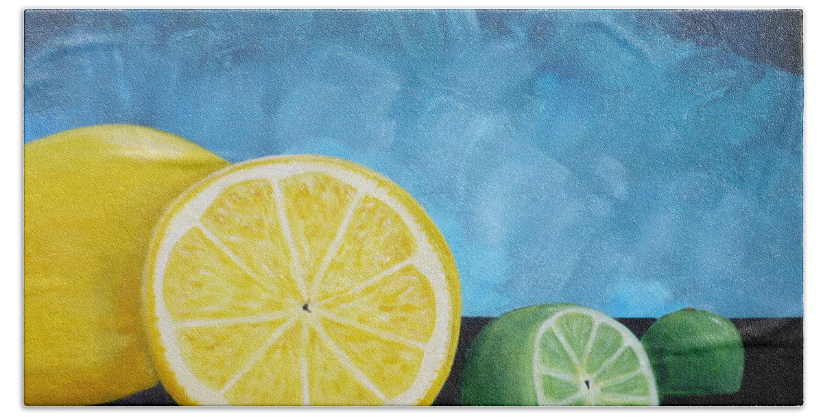 Lemon Bath Towel featuring the painting Lemon Lime by Monika Shepherdson