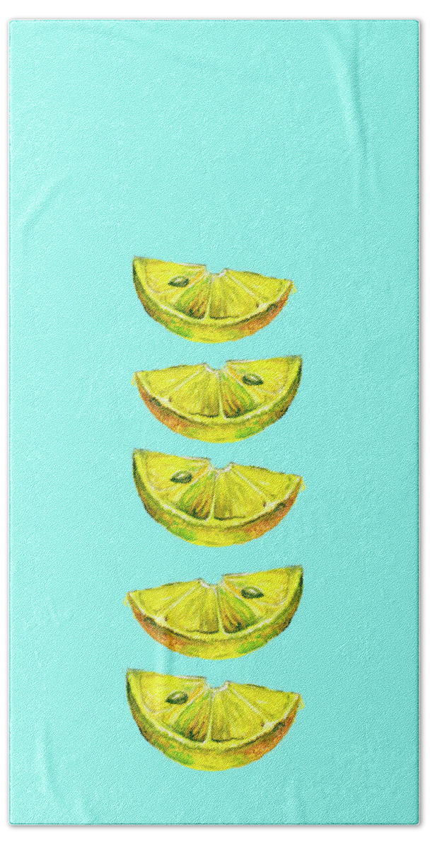 Slice Bath Towel featuring the painting Lemon Slices Turquoise by Maria Heyens