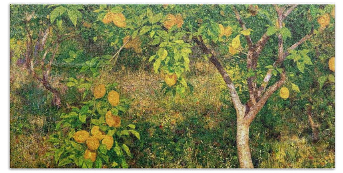 Lemon Hand Towel featuring the painting Lemon Tree by Henry Scott Tuke
