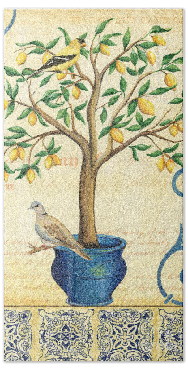 Lemon Hand Towel featuring the painting Lemon Tree of Life by Debbie DeWitt