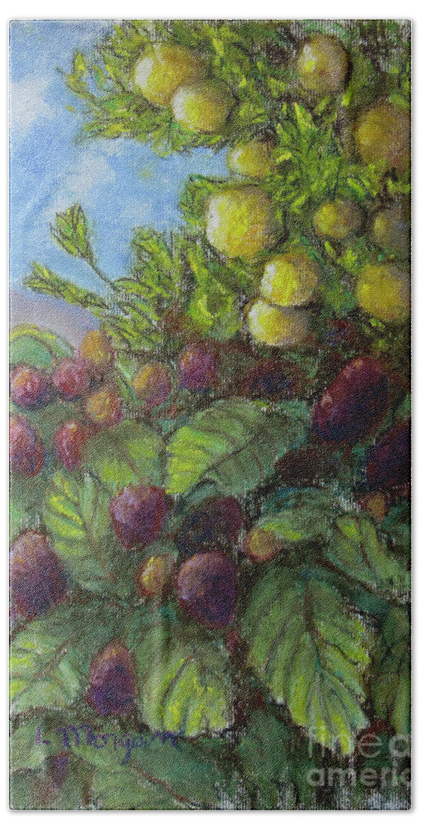 Lemon Bath Towel featuring the painting Lemons and Berries by Laurie Morgan