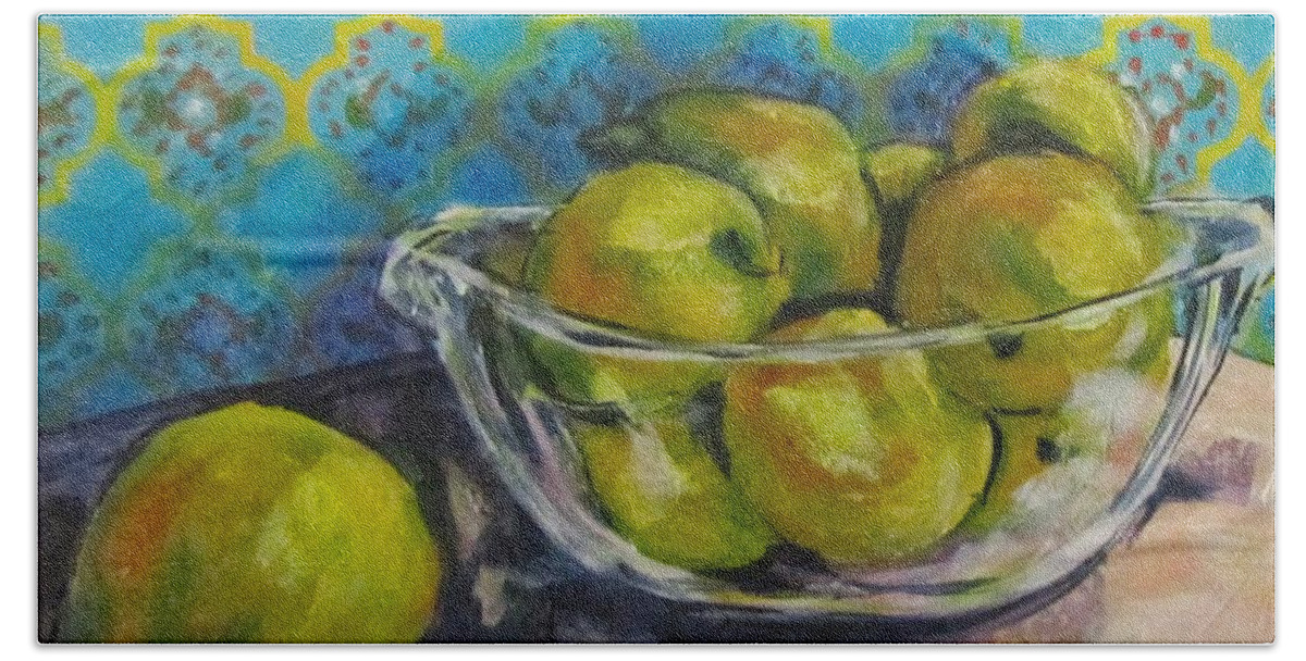 Yellow Bath Towel featuring the painting Lemons by Barbara O'Toole
