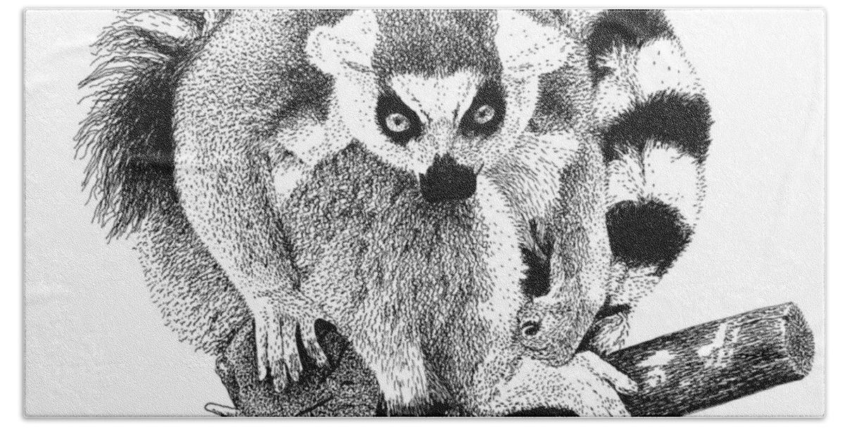 Lemur Hand Towel featuring the drawing Lemur by Scott Woyak
