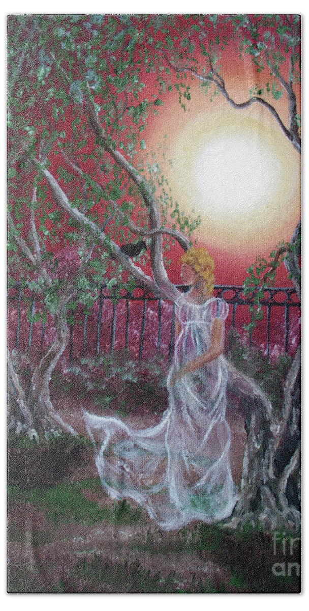 Supernatural Bath Towel featuring the painting Lenore by an Olive Tree by Laura Iverson