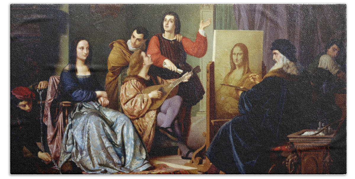 Cesare Maccari Bath Towel featuring the painting Leonardo da Vinci Painting the Mona Lisa by Cesare Maccari