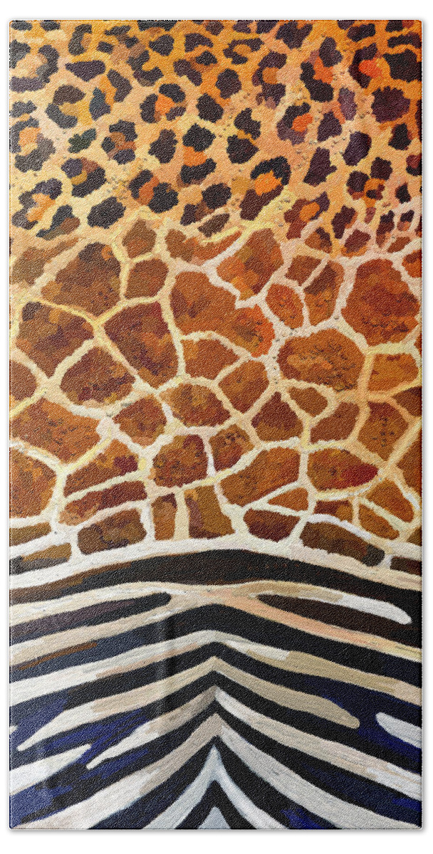 Design Hand Towel featuring the painting Leopard Giraffe Zebra by Anthony Mwangi