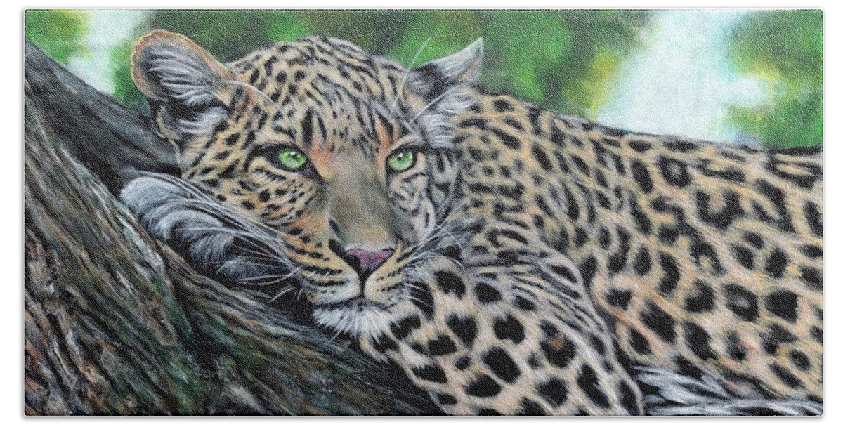 Leopard Bath Towel featuring the painting Leopard on Branch by John Neeve