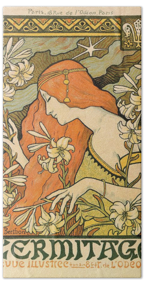 L'ermitage Hand Towel featuring the mixed media L'Ermitage - Alphonse Mucha - Art Nouveau Poster by Studio Grafiikka