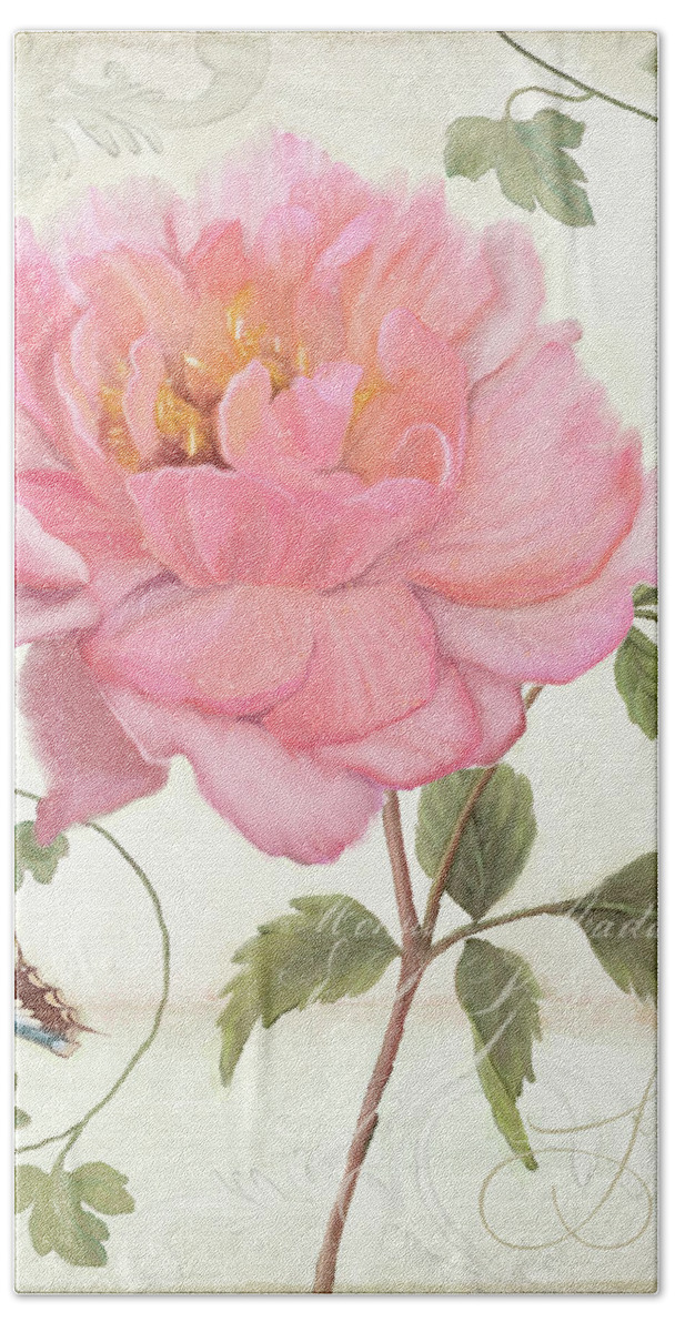 Pink Peony Hand Towel featuring the painting Les Magnifiques Fleurs IV - Magnificent Garden Flowers Pink Peony n Blue Butterfly by Audrey Jeanne Roberts