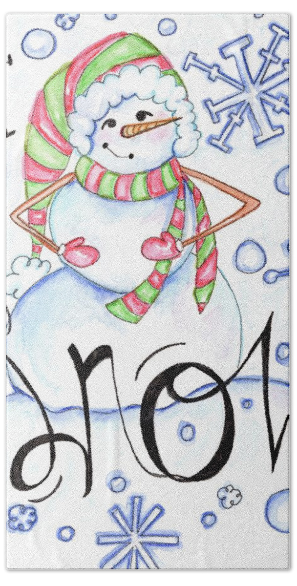 Let It Snow Snowman Hat Mittens Winter Christmas Holiday Carrot Blue Red Green White Snowflake Snowing Seasons Greetings Cold Flurries Landscapes Men Smile Tis The Season Bath Towel featuring the mixed media Let it Snow by Anne Seay