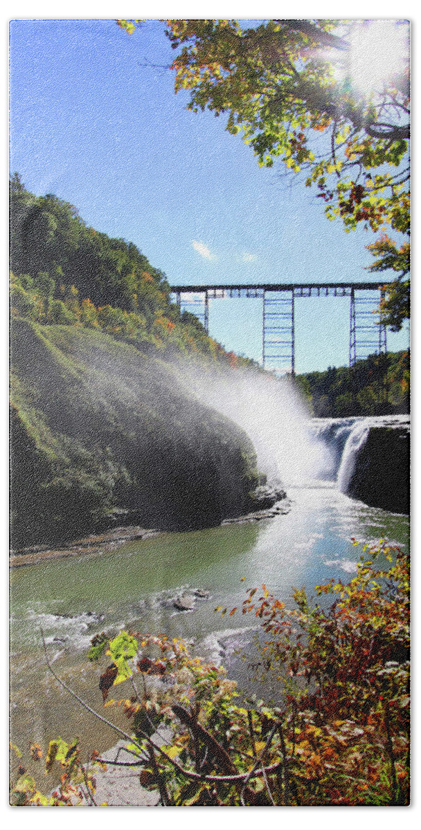 Landscape Bath Towel featuring the photograph Letchworth State Park Railroad Bridge by Trina Ansel