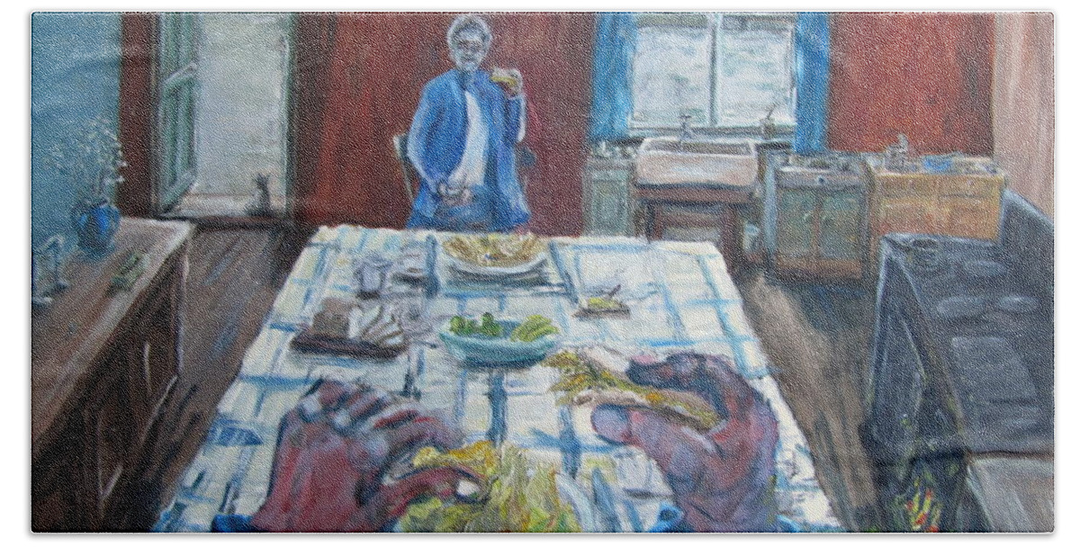  Hand Towel featuring the painting Letuce for tea with Grandma Page by Errol Jameson