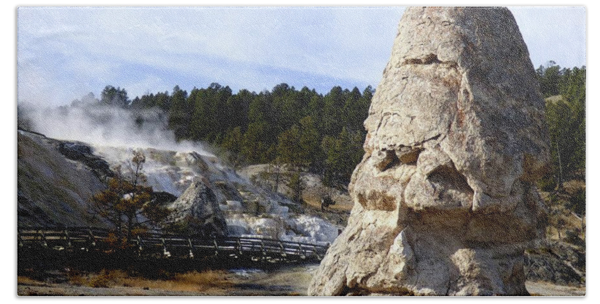 Liberty Cap Bath Towel featuring the photograph Liberty Cap at Mammoth Hot Springs by Jean Wright
