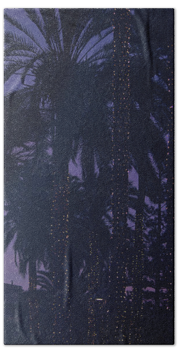 Background Hand Towel featuring the photograph Light decorated palm trees on Paseo Maritimo by Ingela Christina Rahm