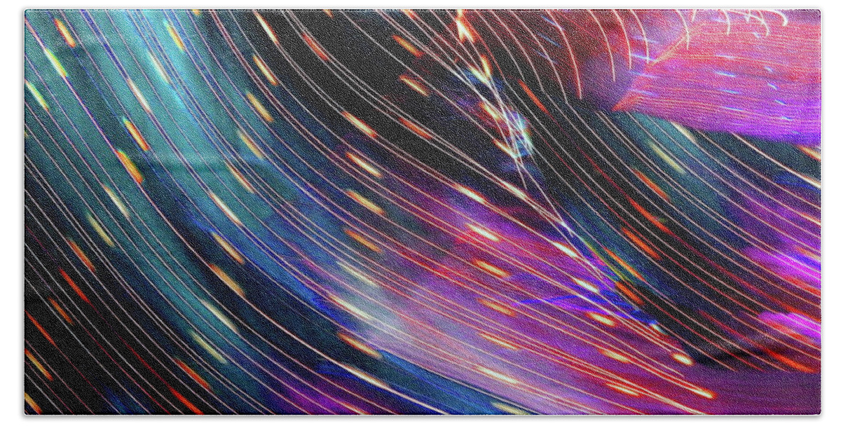 Light Beads Traveling Along Lit Strands Accompanied By Sheets Of Morphing Colors.accented By Darker Contrasting Areas Bath Towel featuring the photograph Light harp melody by Priscilla Batzell Expressionist Art Studio Gallery