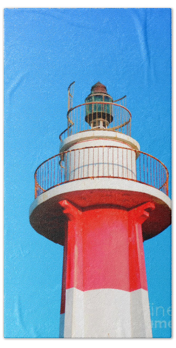 Psi Bath Towel featuring the photograph Light house at the old Jaffa port by Tomi Junger