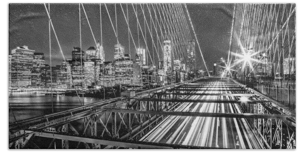 Brooklyn Bridge Bath Sheet featuring the photograph Light Trails Of Manhattan by Az Jackson