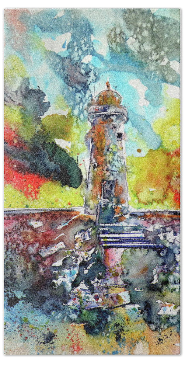 Lighthouse Hand Towel featuring the painting Lighthouse after storm by Kovacs Anna Brigitta