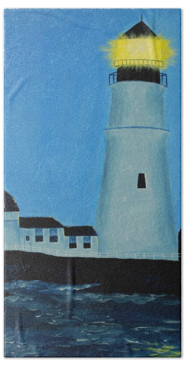 Lighthouse Bath Towel featuring the painting Lighthouse at Dusk by Emily Page