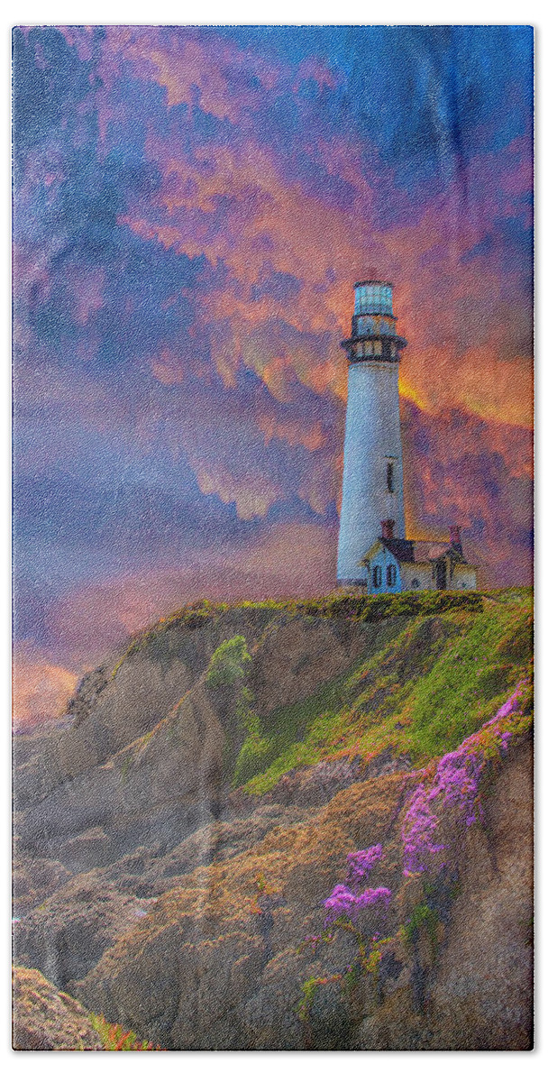 Landscape Water Lighthouse Sky Sunset Ocean Coast Scenic Pescadero Bath Towel featuring the photograph Lighthouse at Pigeon Point by Patricia Dennis