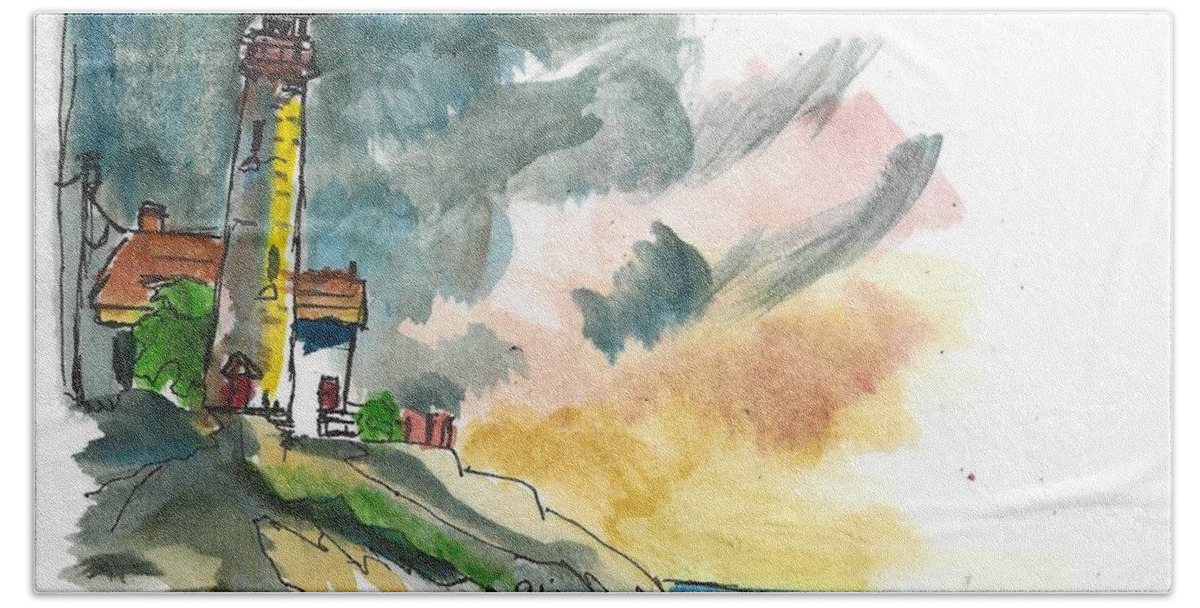 Lighthouse Hand Towel featuring the painting Lighthouse on the Hill by Ali Baucom