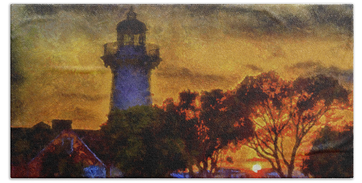Lighthouse Hand Towel featuring the mixed media Lighthouse Sunset by Joseph Hollingsworth