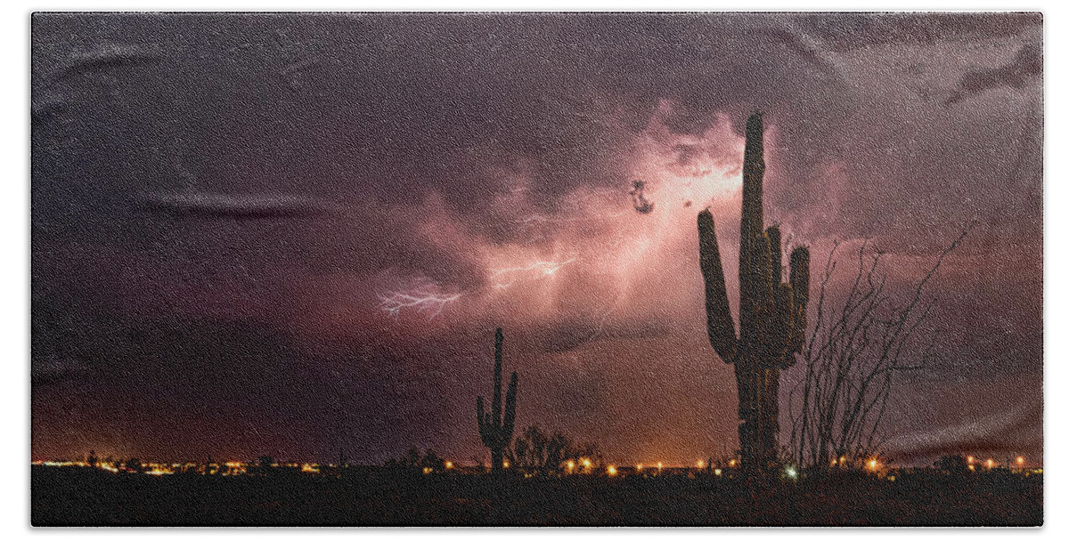Lightning Bath Towel featuring the photograph Lighting Up The Desert Night by Saija Lehtonen