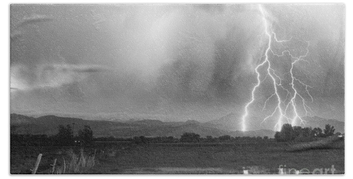 Lightning Bath Towel featuring the photograph Lightning Bolts Striking Longs Peak Foothills 6BW by James BO Insogna