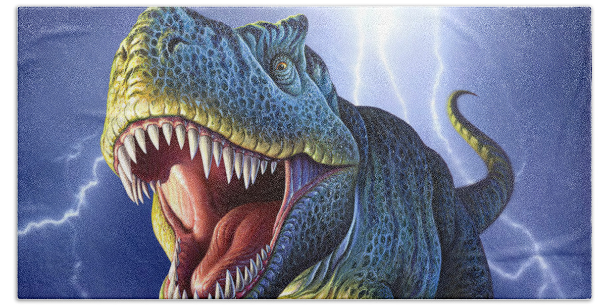 T-rex Hand Towel featuring the digital art Lightning Rex by Jerry LoFaro