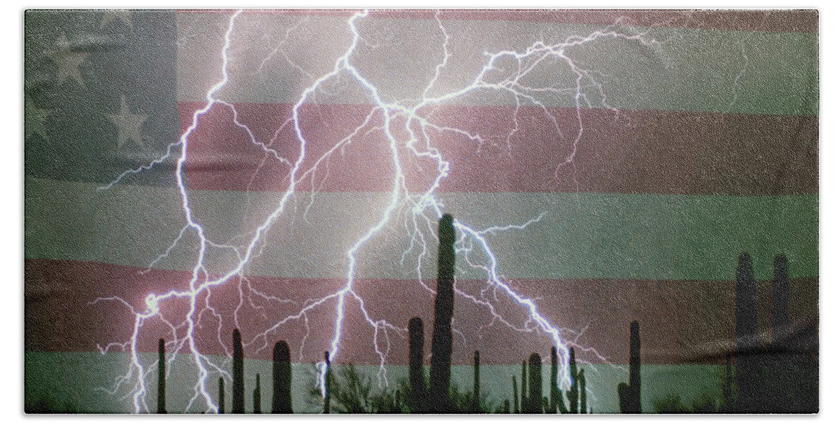 Americano Bath Towel featuring the photograph Lightning Storm in the USA Desert Flag Background by James BO Insogna
