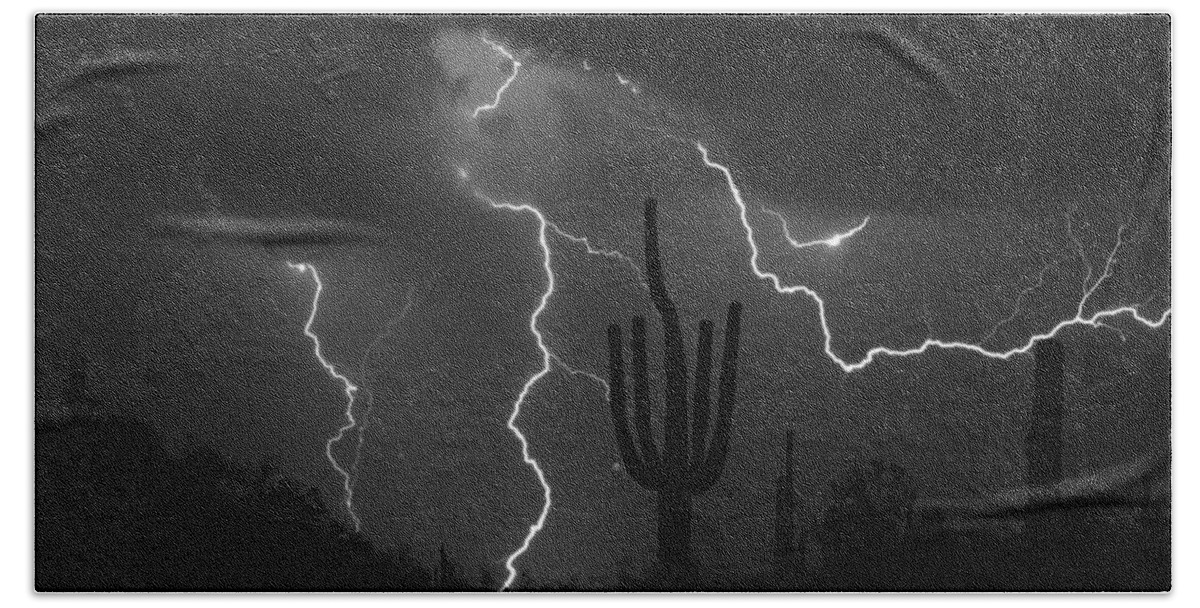 Saguaro Hand Towel featuring the photograph Lightning Storm Saguaro Fine Art BW Photography by James BO Insogna