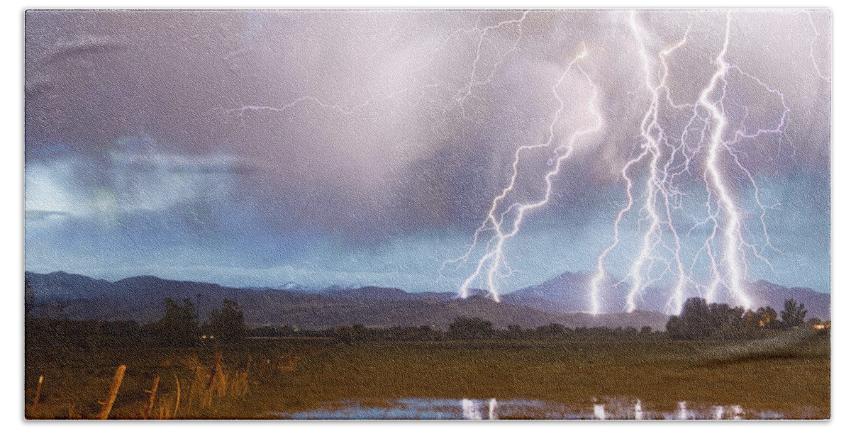 Awesome Bath Towel featuring the photograph Lightning Striking Longs Peak Foothills 4 by James BO Insogna