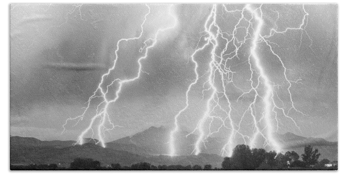 Foothills Hand Towel featuring the photograph Lightning Striking Longs Peak Foothills 4CBW by James BO Insogna