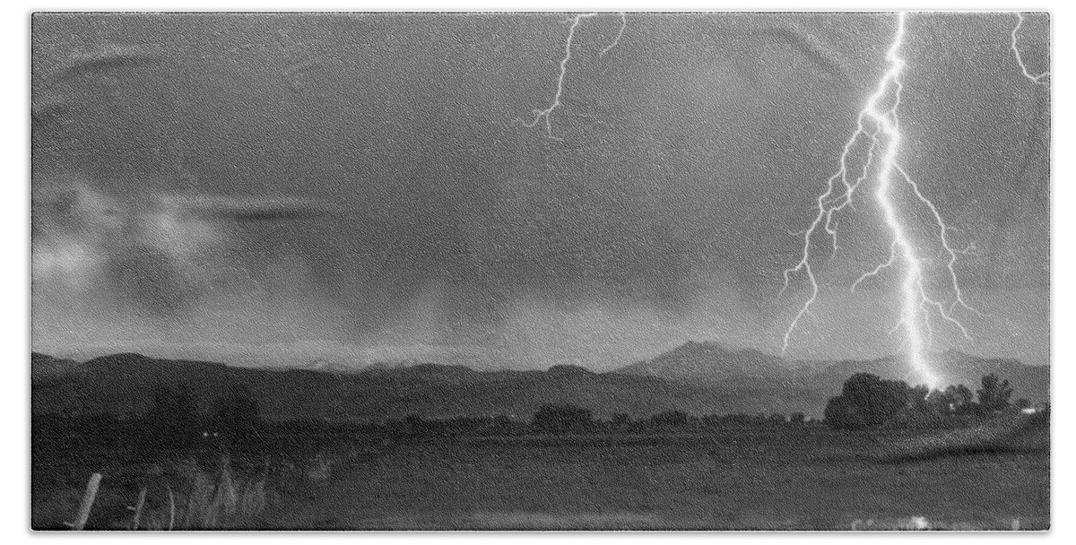 Lightning Hand Towel featuring the photograph Lightning Striking Longs Peak Foothills 5BW by James BO Insogna