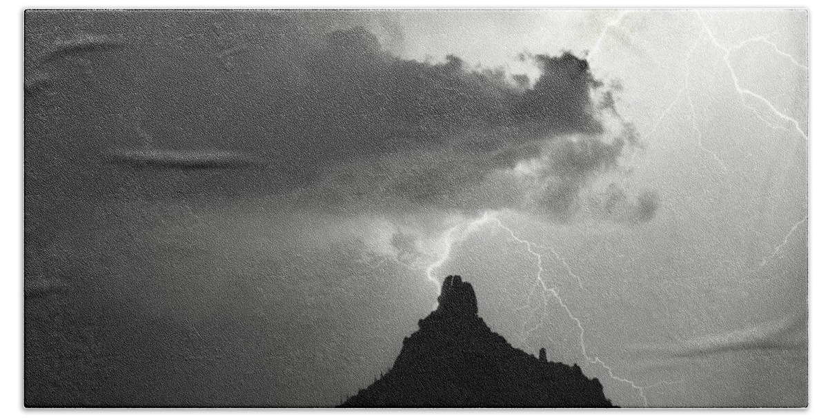 Pinnacle Peak Hand Towel featuring the photograph Lightning Striking Pinnacle Peak Arizona by James BO Insogna