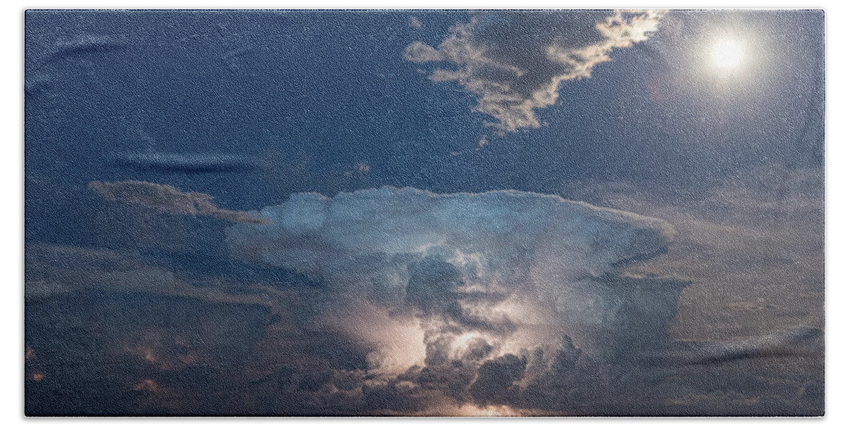 Storm Bath Towel featuring the photograph Lightning Striking Thunderstorm Cell and Full Moon by James BO Insogna