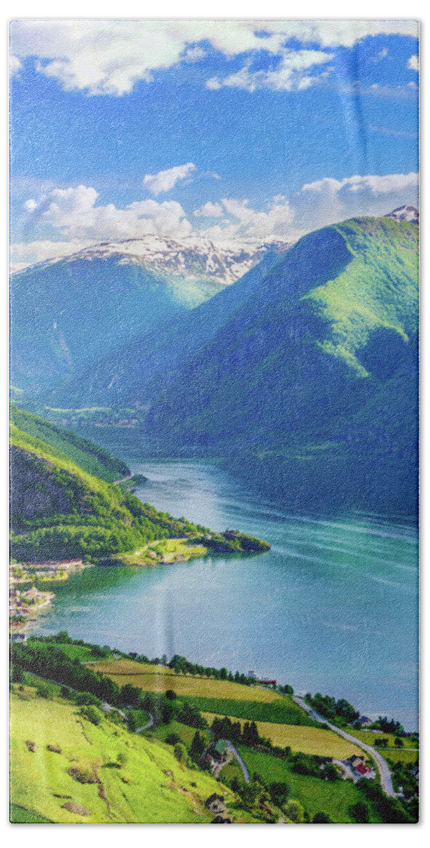 Aurland Bath Towel featuring the photograph Lights and shadows of Sognefjord by Dmytro Korol
