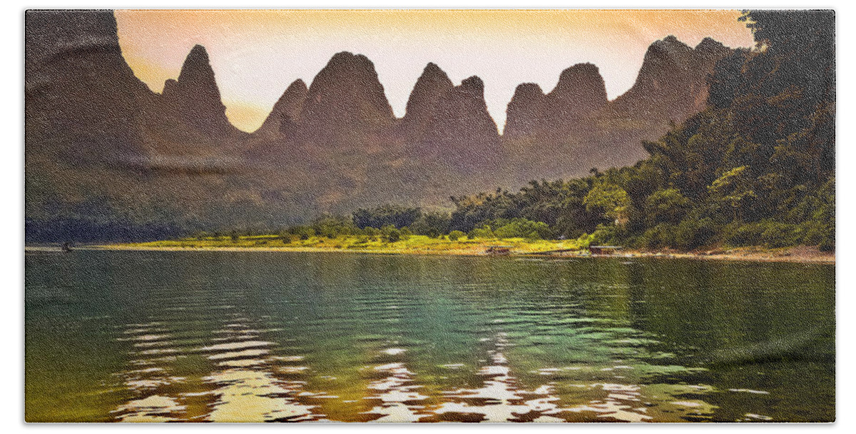 Sunset Hand Towel featuring the photograph Like a fairyland sunset-China Guilin scenery Lijiang River in Yangshuo by Artto Pan