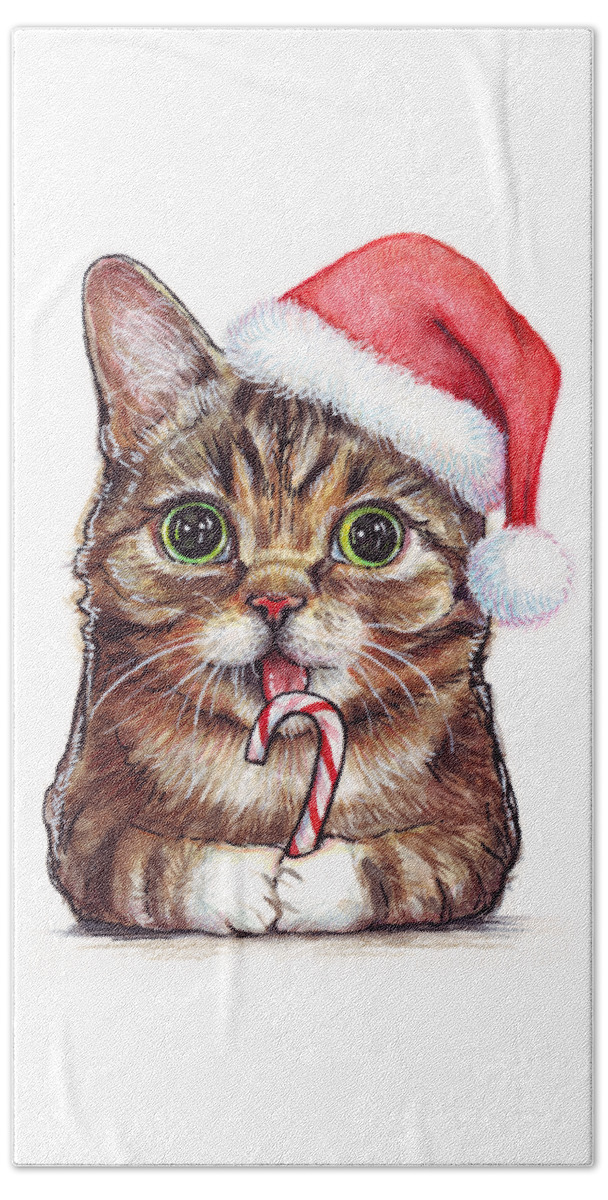 Lil Bub Hand Towel featuring the painting Cat Santa Christmas Animal by Olga Shvartsur